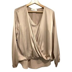 Renee C - Made in USA beige faux wrap satin blouse women's size large